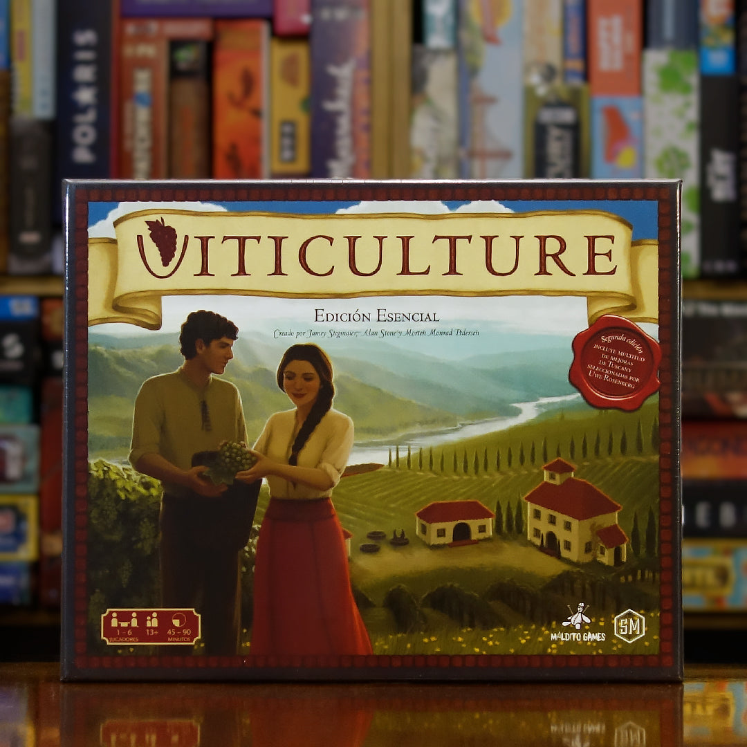 Portada del juego 'Viticulture' disponible en Mana House – Juego de colocación de trabajadores, Gestión de viñedo, Producción de vino, Estrategia agrícola, Ambientado en la Toscana.