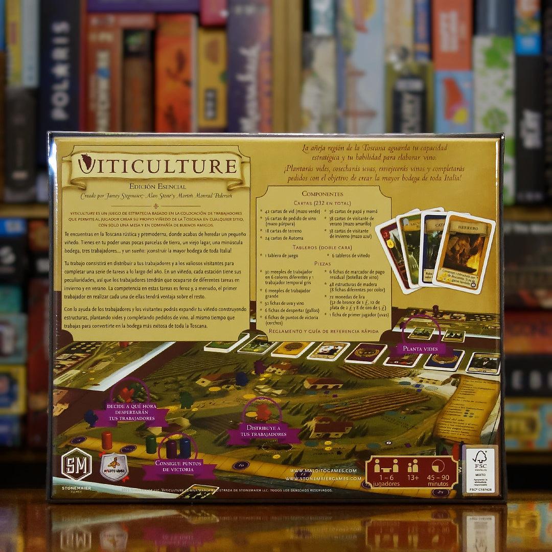 Trasera del juego 'Viticulture' disponible en Mana House – Mejorar viñedo, Construcción de estructuras, Producción de vino, Gestión por estaciones, Competencia estratégica.