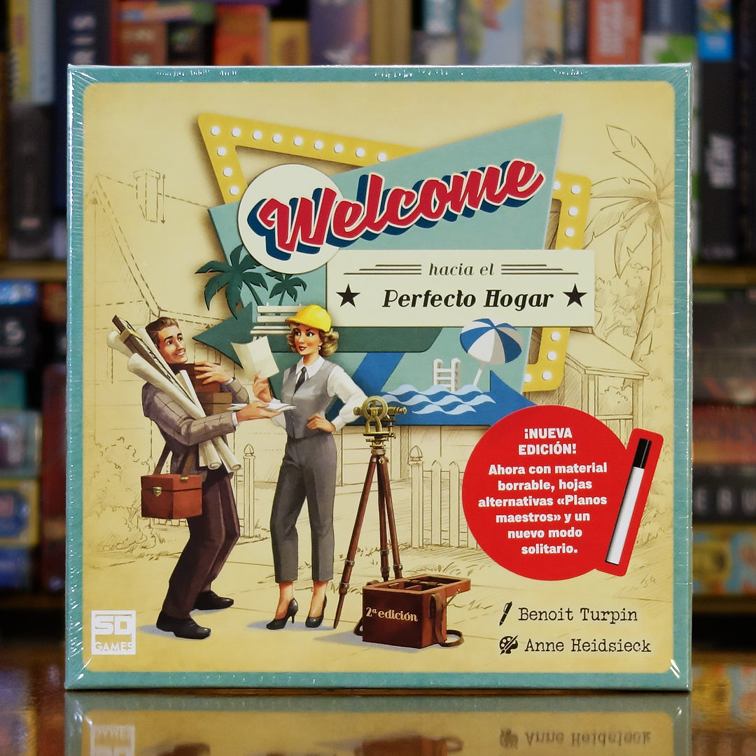 Portada del juego 'Welcome... Hacia el Perfecto Hogar' disponible en Mana House – Juego de tachar y numerar, Años 50 en EE.UU., Estética retro, Arquitectura suburbana, Baby Boom.