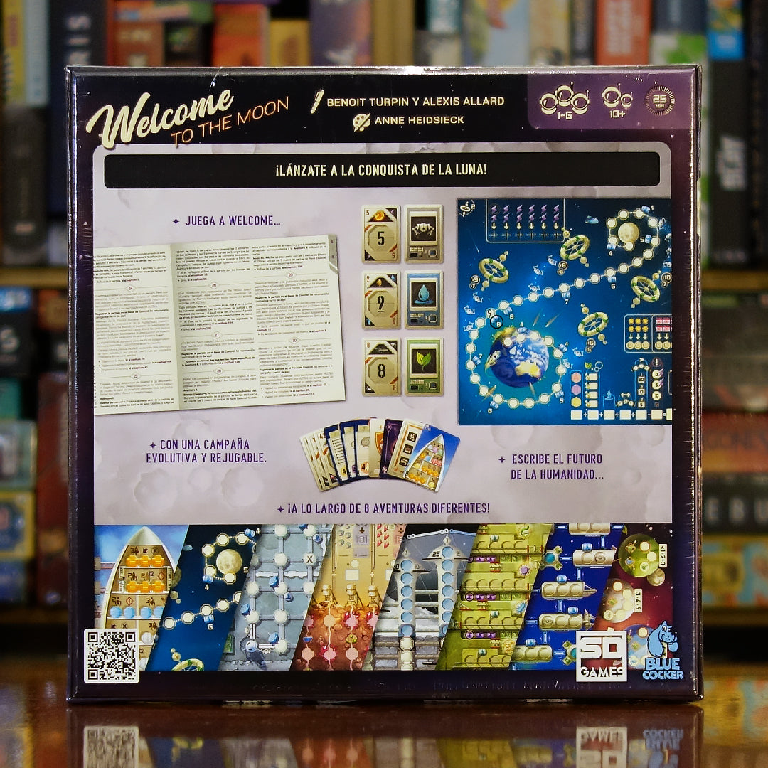Trasera del juego 'Welcome to the Moon' disponible en Mana House – 8 Aventuras rejugables, Dificultad progresiva, Historia narrativa, Modo campaña o independiente, Mecánica de numeración y decisiones.