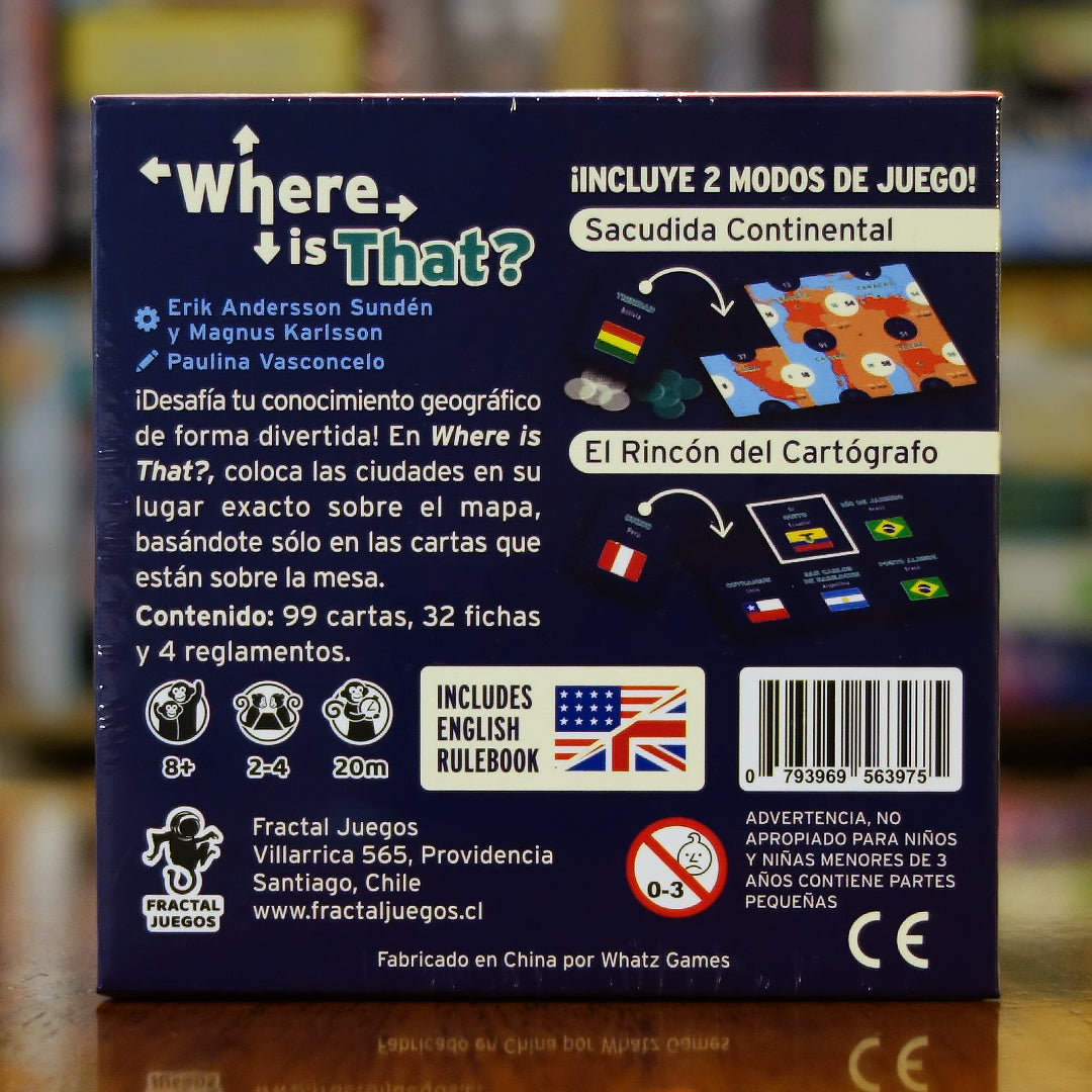 Trasera del juego Where is That? disponible en Mana House – Modos Sacudida Continental y Rincón del Cartógrafo, Desafío geográfico, Puntos por precisión, Juego educativo y dinámico. Where is That?: South America