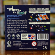 Trasera del juego Where is That? disponible en Mana House – Modos Sacudida Continental y Rincón del Cartógrafo, Desafío geográfico, Puntos por precisión, Juego educativo y dinámico. Where is That?: South America