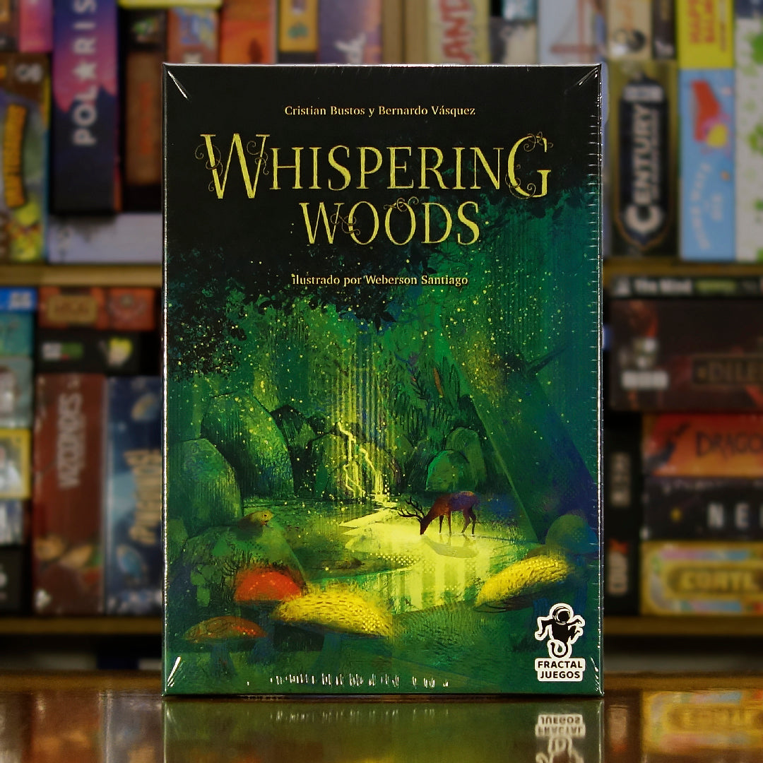 Portada del juego de mesa 'Whispering Woods' disponible en Mana House - Estrategia, Naturaleza, Animales Espirituales, Senderos, Misiones.