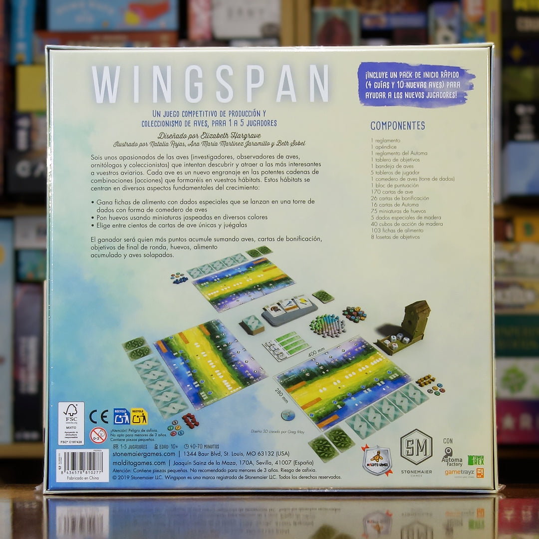 Trasera del juego Wingspan disponible en Mana House – Más de 170 aves únicas, Gestión de comida y huevos, Habitats con combos encadenados, Juego por rondas, Experiencia estratégica de peso medio.
